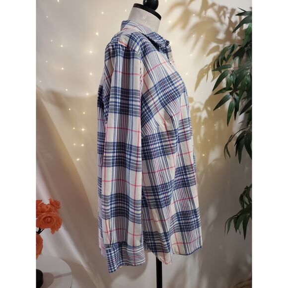 Talbots Classic Cotton Plaid Pearl Button Up Shirt Womens Plus 2X White Blue - Picture 4 of 9